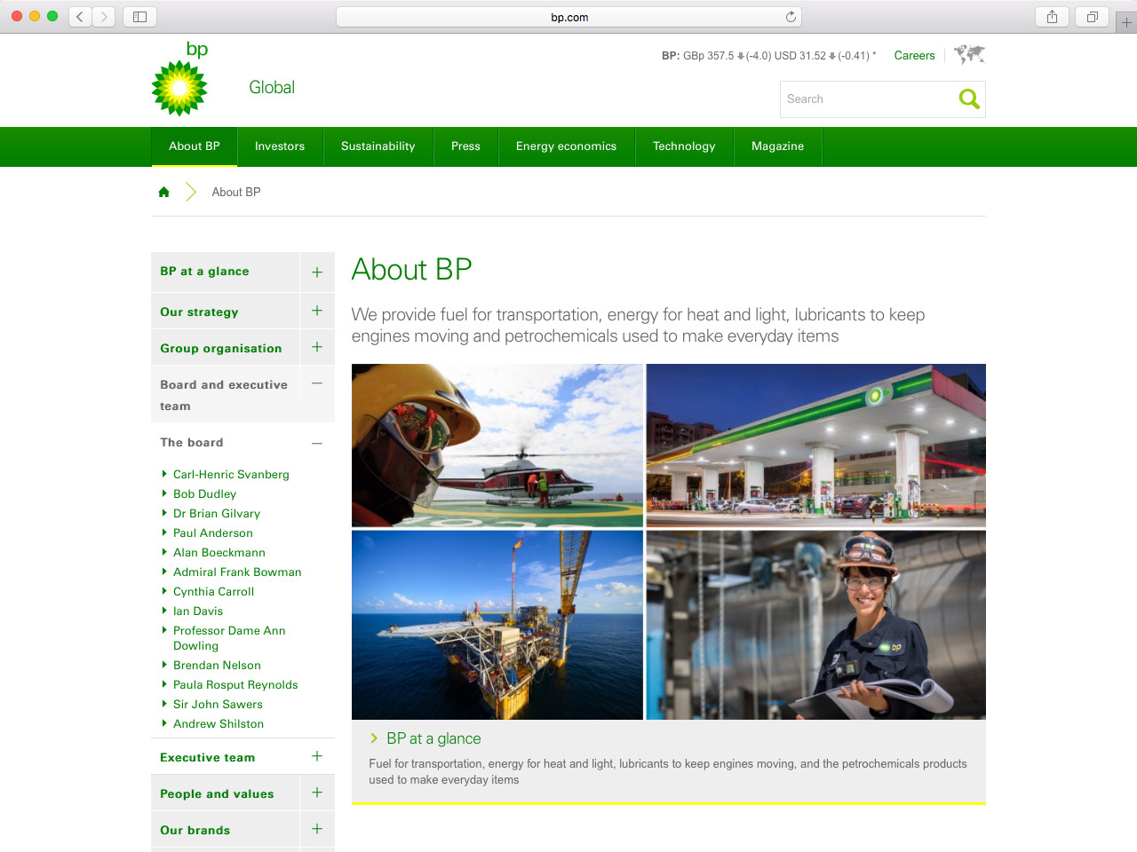 A real-world example of an accordion menu on the BP website