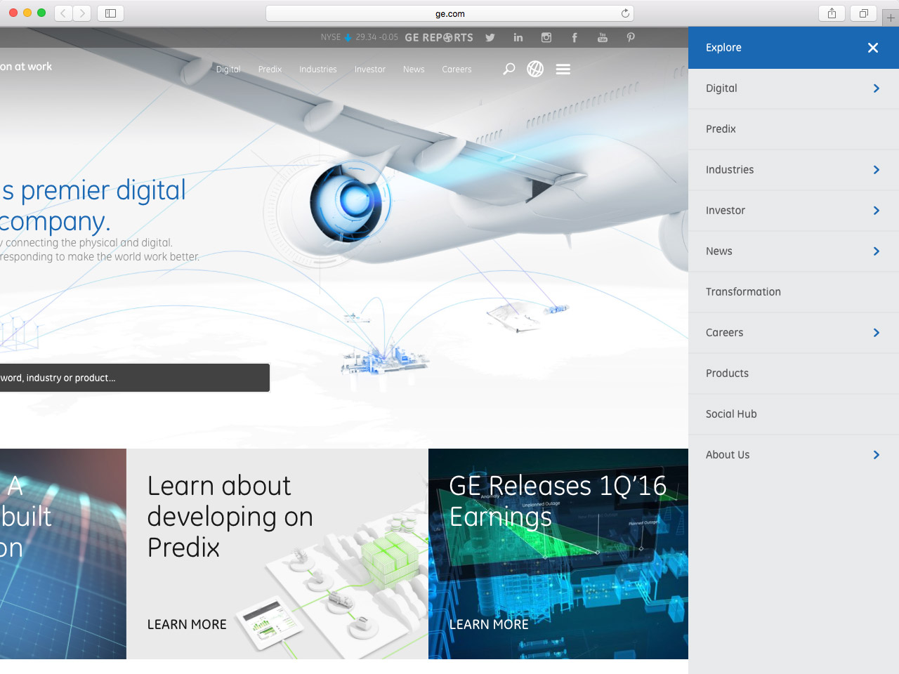 A real-world example of an off-canvas navigation on the General Electric website