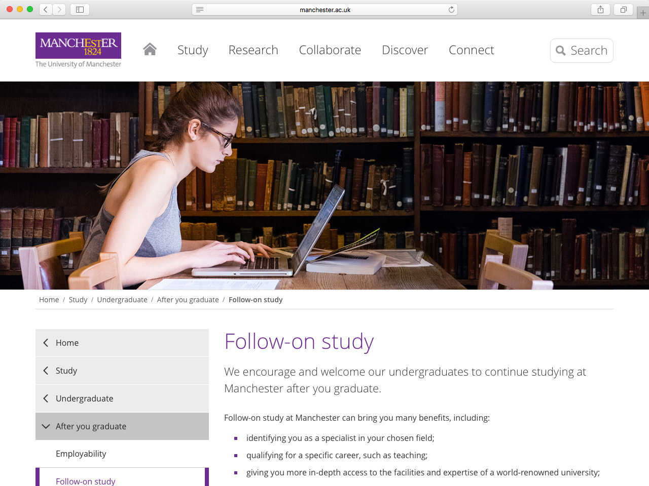 A real-world example of breadcrumbs on the University of Manchester website